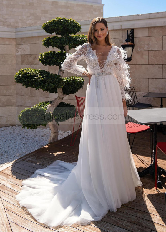 Beaded Ivory Feather Tulle V Back Wedding Dress